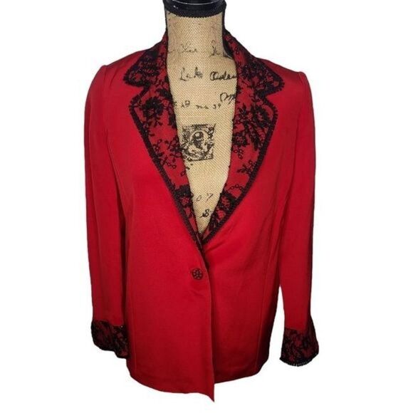 Vintage  Mira Couture Red Black Lace Soft Goth Designer Blazer - Picture 1 of 16